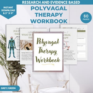 May include: A grey and green workbook titled "Polyvagal Therapy Workbook" with the text "Research and Evidence Based" and "60 Pages" on the cover. The workbook is on a table with a plant and a cup of coffee.