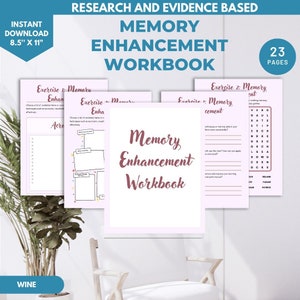 May include: A pink and white workbook with the title "Memory Enhancement Workbook" and the text "23 Pages". The workbook includes exercises to improve memory.