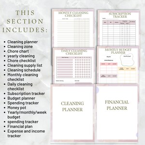 Pu&ograve; includere: Un set di pianificatori e liste di controllo stampabili per organizzare le pulizie, il budget e gli abbonamenti. Le pagine sono decorate con uno sfondo in stile acquerello in tonalit&agrave; rosa e beige.