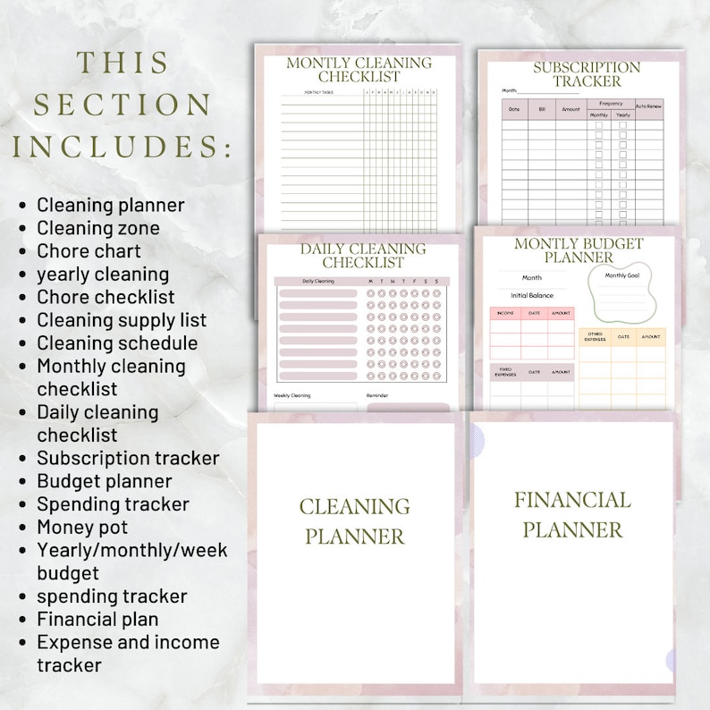 Pu&ograve; includere: Un set di pianificatori e liste di controllo stampabili per organizzare le pulizie, il budget e gli abbonamenti. Le pagine sono decorate con uno sfondo in stile acquerello in tonalit&agrave; rosa e beige.