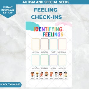 May include: A printable worksheet for identifying feelings. The worksheet features a colorful design with clouds and a grid of 8 scenarios. Each scenario is accompanied by a blank space for drawing or writing. Below the scenarios are 8 cartoon characters representing different emotions: happy, sad, scared, angry, proud, worried, excited, and sick.