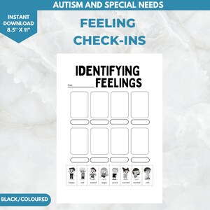 May include: Black and white printable worksheet titled "Identifying Feelings" with a date field, 18 blank boxes, and a row of 8 cartoon faces representing different emotions: happy, sad, scared, angry, proud, worried, excited, and sick.