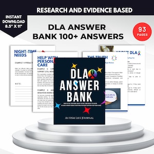 Op de afbeelding: Een digitale download, "DLA Answer Bank", met meer dan 100 antwoorden, 93 pagina's, formaat 21,6 x 27,9 cm. De donkerblauwe omslag heeft witte tekst en kleurrijke accenten. Een op onderzoek gebaseerde gids voor autismeondersteuning, met de tekst "Autism Life Journal".
