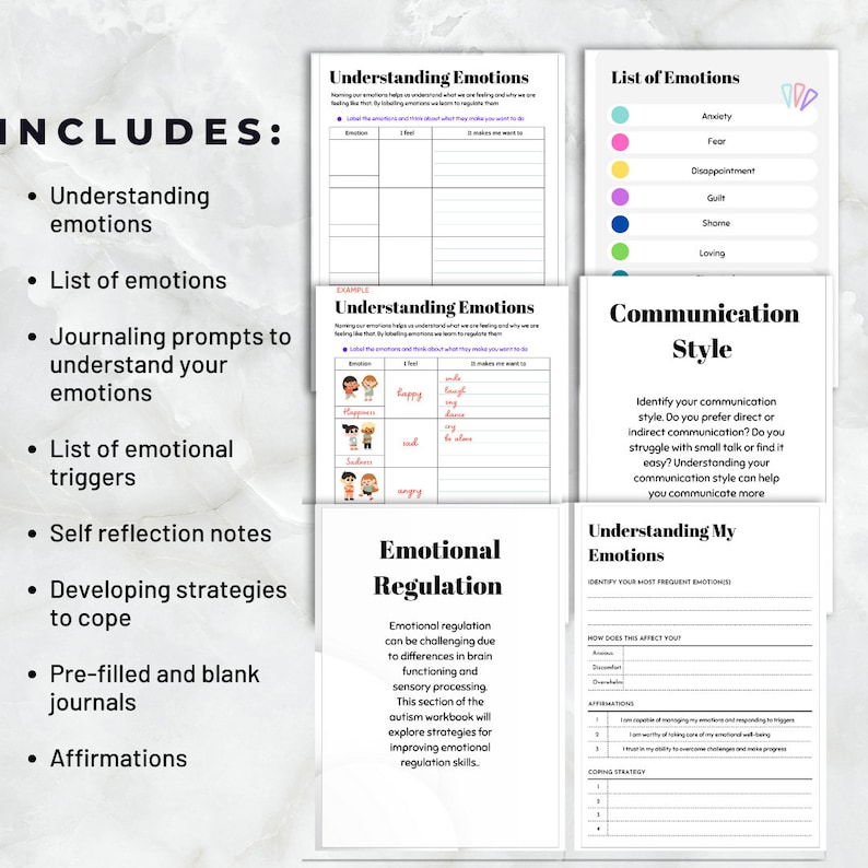Peut inclure: Un cahier d'exercices imprimable pour aider les enfants &agrave; comprendre et &agrave; g&eacute;rer leurs &eacute;motions. Le cahier comprend des sections sur la compr&eacute;hension des &eacute;motions, la r&eacute;gulation &eacute;motionnelle, le style de communication et la compr&eacute;hension de ses &eacute;motions. Le cahier a un design color&eacute; avec des illustrations de visages heureux, tristes, en col&egrave;re et effray&eacute;s.