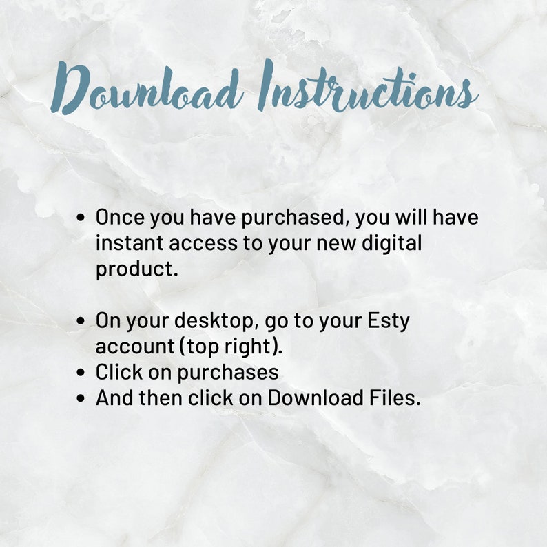 Pu&ograve; includere: Istruzioni di download per un prodotto digitale acquistato su Etsy. Le istruzioni spiegano come accedere al prodotto su un computer desktop andando sul tuo account Etsy, cliccando su acquisti e poi cliccando su Scarica file.