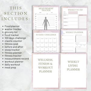 Pu&ograve; includere: Un set di planner stampabili con uno sfondo acquerellato rosa. Il set include un tracker di misurazione, una sfida di 30 giorni, un planner settimanale, un elenco di cose da fare settimanale, un planner di benessere, fitness e allenamento e un planner di vita settimanale.