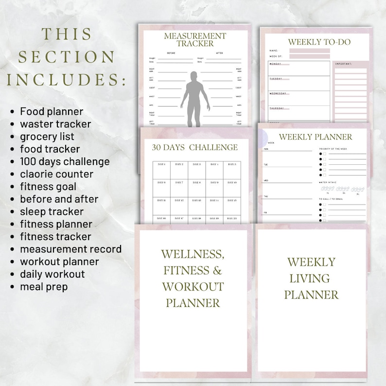Pu&ograve; includere: Un set di planner stampabili con uno sfondo acquerellato rosa. Il set include un tracker di misurazione, una sfida di 30 giorni, un planner settimanale, un elenco di cose da fare settimanale, un planner di benessere, fitness e allenamento e un planner di vita settimanale.