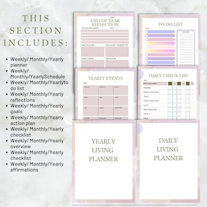Pu&ograve; includere: Un planner stampabile con uno sfondo acquerellato rosa e bianco. Il planner include sezioni per obiettivi, riflessioni, programmi, liste di cose da fare e liste di controllo settimanali, mensili e annuali. Il planner include anche una sezione per eventi annuali e un elenco di controllo giornaliero.