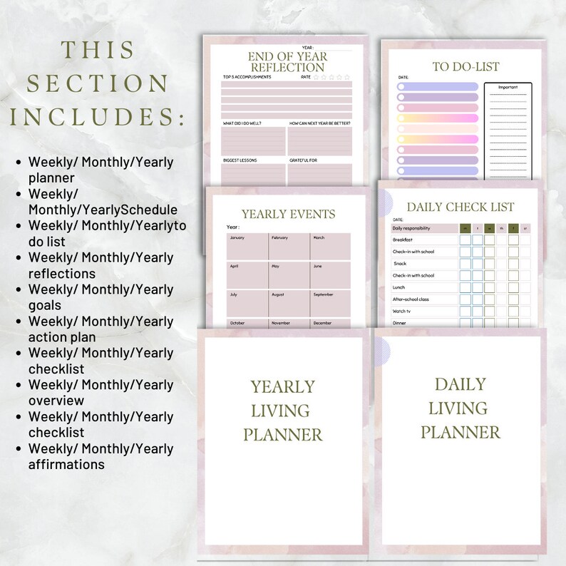 Pu&ograve; includere: Un planner stampabile con uno sfondo acquerellato rosa e bianco. Il planner include sezioni per obiettivi, riflessioni, programmi, liste di cose da fare e liste di controllo settimanali, mensili e annuali. Il planner include anche una sezione per eventi annuali e un elenco di controllo giornaliero.