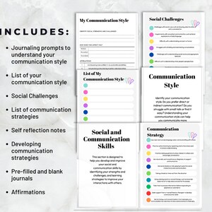 Peut inclure: Un ensemble de feuilles de travail imprimables pour am&eacute;liorer les comp&eacute;tences en communication. L'ensemble comprend des feuilles de travail pour identifier les styles de communication, les d&eacute;fis sociaux et les strat&eacute;gies de communication. Les feuilles de travail sont color&eacute;es et pr&eacute;sentent une vari&eacute;t&eacute; d'ic&ocirc;nes et d'illustrations.