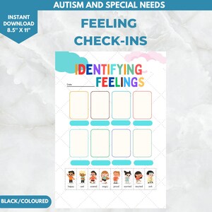 May include: A printable worksheet for identifying feelings. The worksheet has a title "Identifying Feelings" and includes a date field. There are 12 blank boxes for students to draw or write about their feelings. The bottom of the worksheet shows a row of 8 cartoon characters with different facial expressions representing emotions such as happy, sad, scared, angry, proud, worried, excited, and sick.