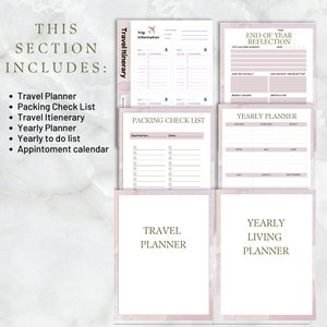 Pu&ograve; includere: Un set di planner stampabili con uno sfondo acquerellato rosa e bianco. Il set include un itinerario di viaggio, una lista di controllo per l'imballaggio, un planner annuale e un planner di vita annuale.