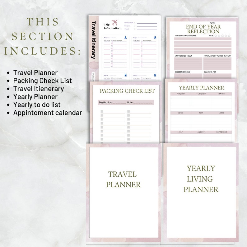 Pu&ograve; includere: Un set di planner stampabili con uno sfondo acquerellato rosa e bianco. Il set include un itinerario di viaggio, una lista di controllo per l'imballaggio, un planner annuale e un planner di vita annuale.
