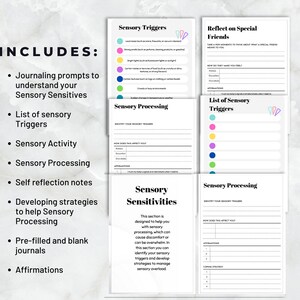 Peut inclure: Un cahier d'exercices imprimable avec des cercles color&eacute;s et du texte qui dit "Sensory Triggers", "Sensory Processing", "Reflect on Special Friends", "List of Sensory Triggers", et "Sensory Sensitivities". Le cahier d'exercices est con&ccedil;u pour aider les gens &agrave; comprendre et &agrave; g&eacute;rer les d&eacute;fis de traitement sensoriel.