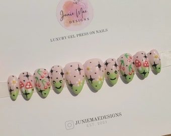 Spring and Summer Press On Nails | Mushroom and Frog Nails | Almond Nails | Custom Press On Nails | Extra Short Nails | Cherry Nails