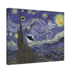 UFO painting, Starry Night, Van Gogh, funny gift, alien art, canvas print, Mythicult