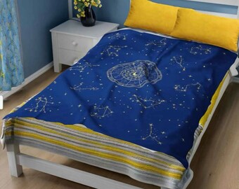 Astrological Constellation Plush Throw Blanket Navy w/ Yellow