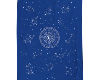 Astrological Constellation Plush Throw Blanket Navy w/ White