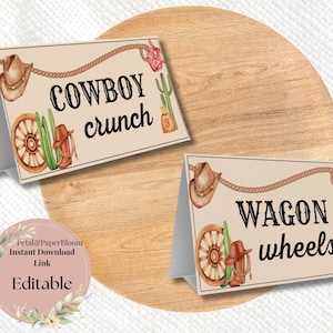 Editable Western Party Food Labels – Cowboy Rodeo Theme Table Tent Cards – Instant Download – Printable Snack Tags for Birthday