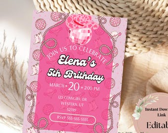 Invitación de cumpleaños de vaquera rosa / Rodeo disco, plantilla editable de Canva (descarga instantánea)