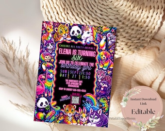 Neon Party Animals Birthday Invitation Template | Rainbow Animal Birthday | Editable | Printable