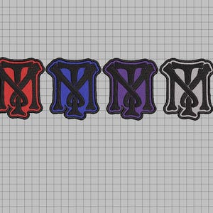 May include: Four embroidered patches featuring the letter "M" in a stylised font. The patches are in red, blue, purple, and grey.
