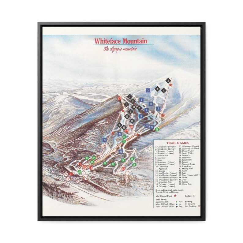 1989 Vintage Whiteface Mountain Ski Trail Map Framed Canvas Print Lake