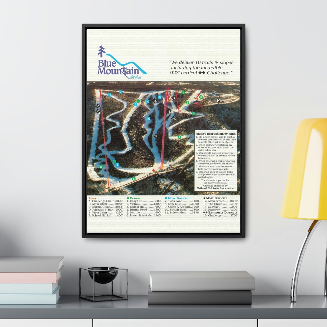 1991 Vintage Blue Mountain Resort Ski Trail Map Framed Canvas Print Pocono Pennsylvania Rustic