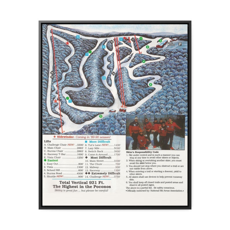 1988 Vintage Blue Mountain Resort Ski Trail Map Framed Canvas Print Pocono Pennsylvania Rustic