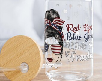 Independence Day Sipper Glass: 16oz Patriotic Iced Coffee Mug