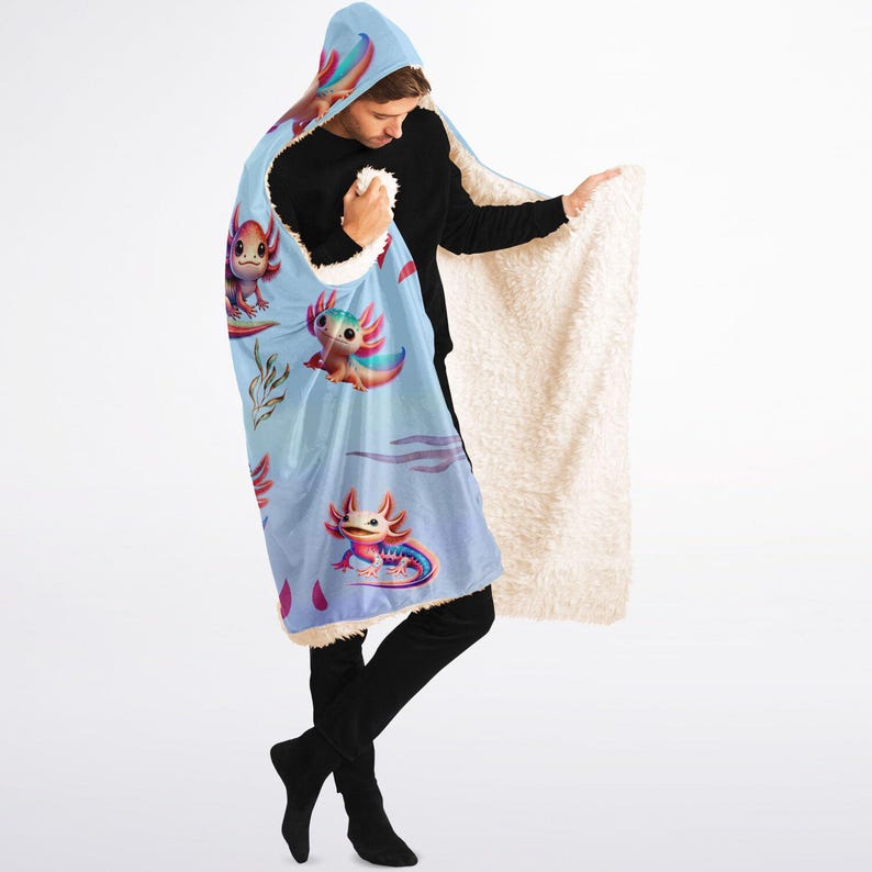 Bright Watercolor Axolotl Characters Hooded Blanket - Premium Sherpa or Micro Fleece for Youth and Adult Sizes image 5