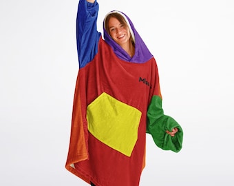 Sudadera con capucha o manta personalizada con bloques de color retro de los 80, mantas usables para abrigarse en invierno, manta con capucha acogedora.