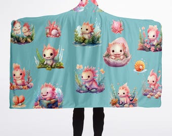 Pastel Axolotl Characters Hooded Blanket - Adult and Youth Sizes For All Ages, Premium Sherpa or Micro Fleece Fabrics