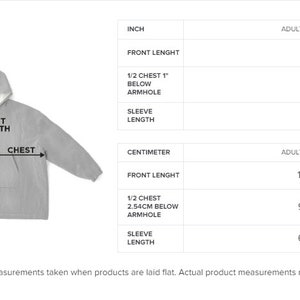 May include: A size chart for a hooded sweatshirt with measurements in inches and centimeters. The chart shows the front length, chest, and sleeve length in both inches and centimeters.