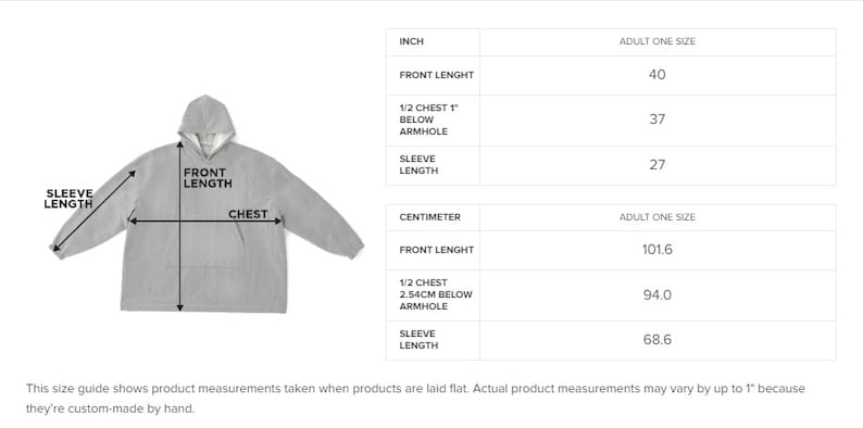 May include: A size chart for a hooded sweatshirt with measurements in inches and centimeters. The chart shows the front length, chest, and sleeve length in both inches and centimeters.