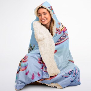 Bright Watercolor Axolotl Characters Hooded Blanket - Premium Sherpa or Micro Fleece for Youth and Adult Sizes image 3