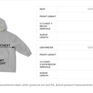 May include: A gray hooded sweatshirt with a white lining. The sweatshirt is measured in inches and centimeters for chest, sleeve length, and front length. The measurements are for youth one size.