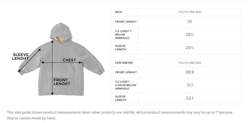 May include: A gray hooded sweatshirt with a white lining. The sweatshirt is measured in inches and centimeters for chest, sleeve length, and front length. The measurements are for youth one size.