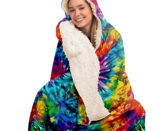 Manta con capucha y efecto tie-dye de arcoíris: microfibra polar, manta acogedora