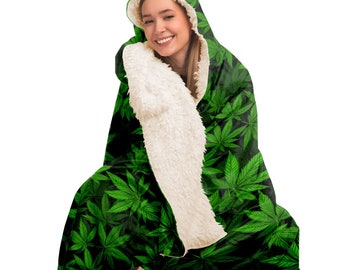Weed Pattern Hooded Blanket - Microfiber Hooded Blanket For Cannabis Lovers, Great Pot Hoodie Gift, Warm Blanket for Snuggles