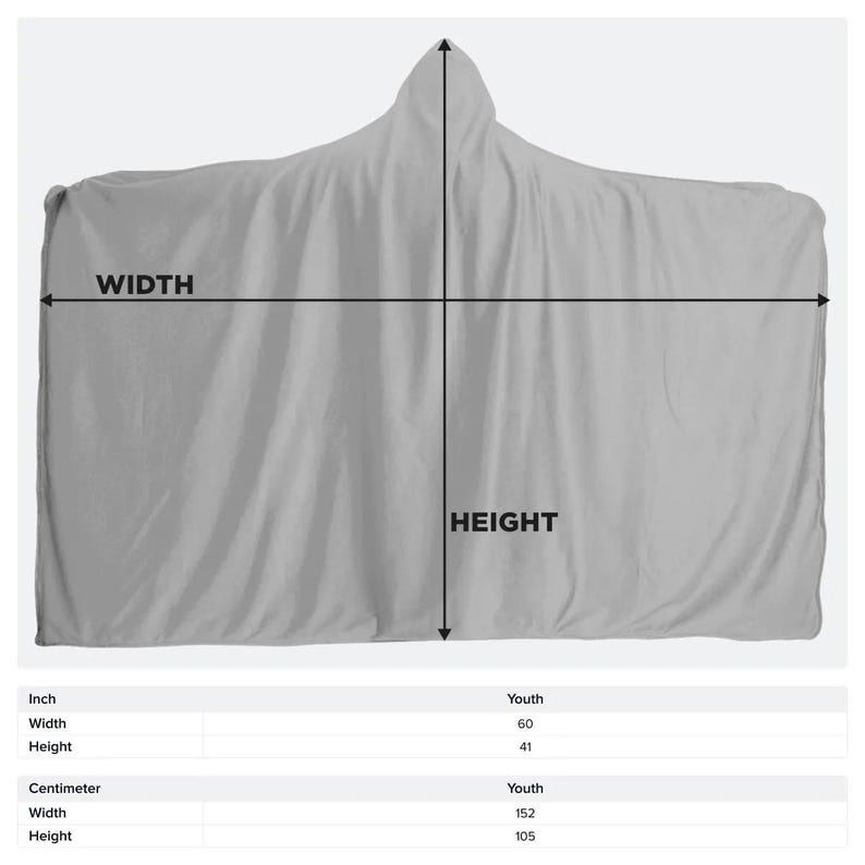 May include: A light gray hooded blanket, designed for youth. The blanket measures 60 inches wide and 41 inches high. The hood is at the top of the blanket. The blanket is made of a soft, comfortable material.