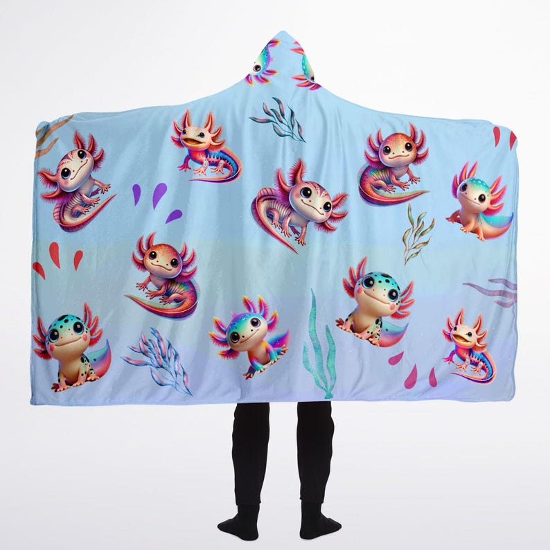 Bright Watercolor Axolotl Characters Hooded Blanket - Premium Sherpa or Micro Fleece for Youth and Adult Sizes image 1