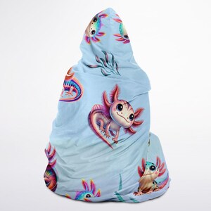 Bright Watercolor Axolotl Characters Hooded Blanket - Premium Sherpa or Micro Fleece for Youth and Adult Sizes image 4