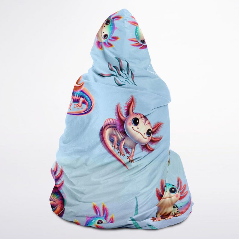Bright Watercolor Axolotl Characters Hooded Blanket - Premium Sherpa or Micro Fleece for Youth and Adult Sizes image 4