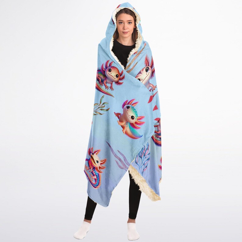 Bright Watercolor Axolotl Characters Hooded Blanket - Premium Sherpa or Micro Fleece for Youth and Adult Sizes image 2