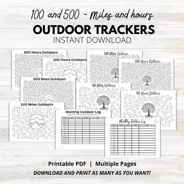 OUTDOOR TRACKER PRINTABLES | 100 Hours and 500 Hours | 100 Miles and 500 Miles | Monthly Logs | Set Goals | Simple Planner |Instant Download