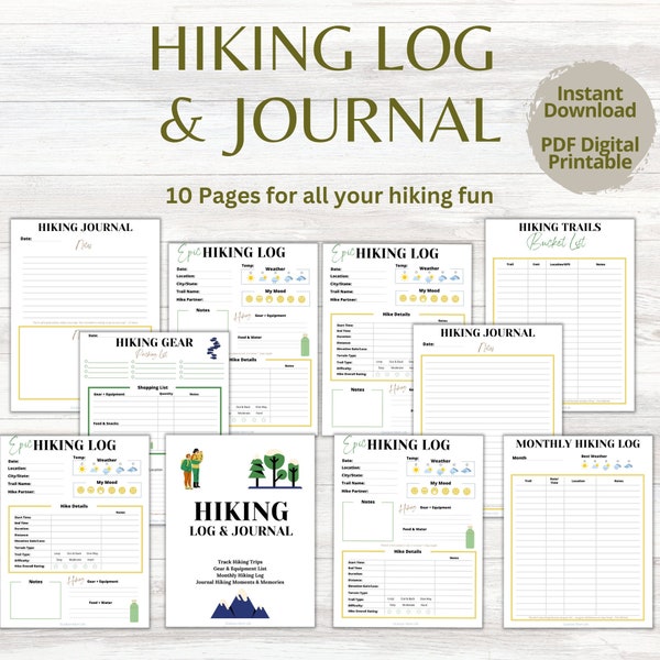 HIKING LOG & JOURNAL | Hiking Trail Log | Monthly Hiking Log | Hiking Journal | Hiking Gear | Hiking Planner | Nature Hikes