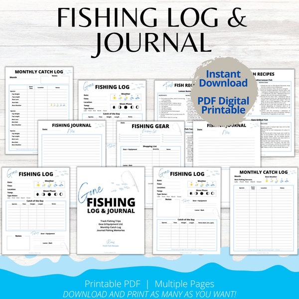 FISHING LOG & JOURNAL Printable | Fishing Log | Monthly Fishing Log | Fishing Journal | Fishing Gear | Fishing Planners | Fish Recipes