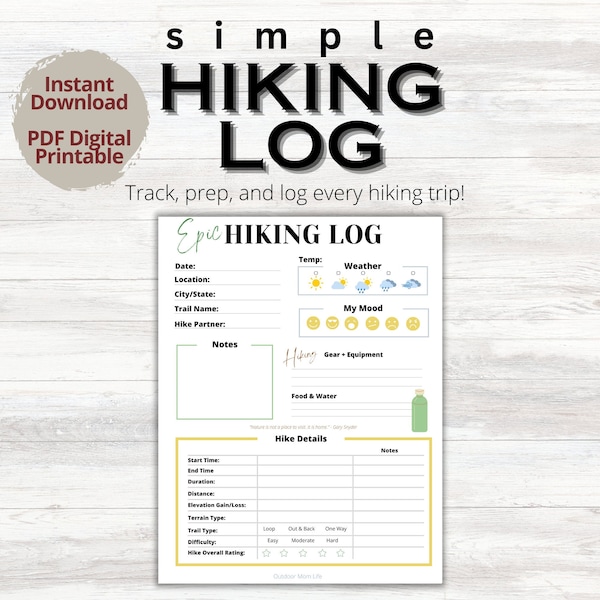 HIKING LOG PRINTABLE | Hiking Trip Log | Simple Hike Log | Hiking Trail Journal | Hiking Gear | Hiking Planner