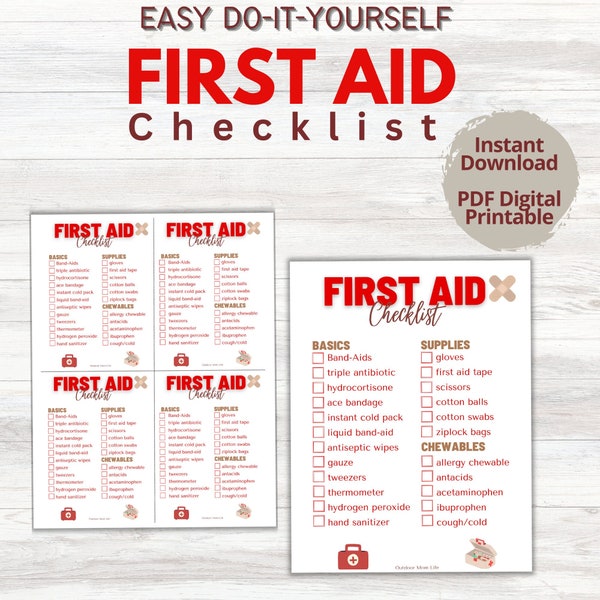 FIRST AID CHECKLIST | First Aid Kit | Outdoor First-Aid Supply List | Checklist Instant Download